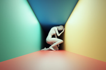 Abstract woman inside a tight corridor. Anxiety and overthinking concept. This is a 3d render illustration.の写真素材