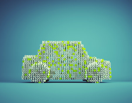 Image of a car composed of binary code. This is a 3d render illustration