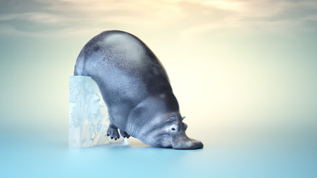 Hippopotamus fallen on an ice cube. Lifestyle and habitat concept. This is a 3d render illustrationの写真素材