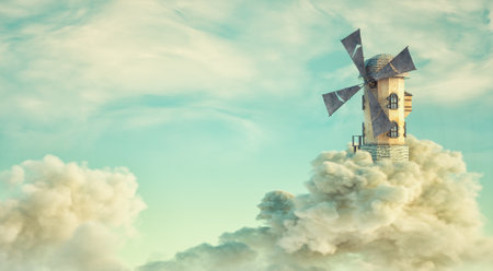 Windmill on top of a cloud in the sky . Dreaming and development progress concept. This is a 3d render illustrationの写真素材