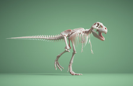 T rex skeleton isolated on green background. This is a 3d render illustrationの写真素材