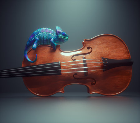 A colorful chameleon sits on a violin. This is a 3d render illustrationの写真素材