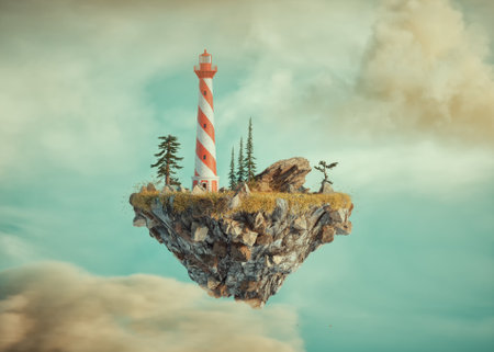 Floating island with a lighthouse. This is a 3d render illustrationの写真素材