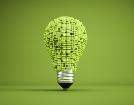 Voxel light bulb. Technological progress, digital innovation. Development concept. This is a 3d render illustration.の写真素材