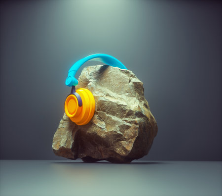 Stone with headphones on. Music taste concept. This is a 3d render illustrationの写真素材