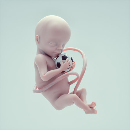 Fetus holding a football. This is 3d render illustrationの写真素材
