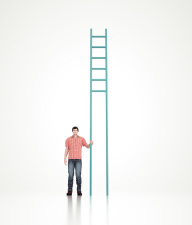 Man is standing next to a staircase without steps. Challenge and discrimination concept.  This is a 3d render illustration.の写真素材