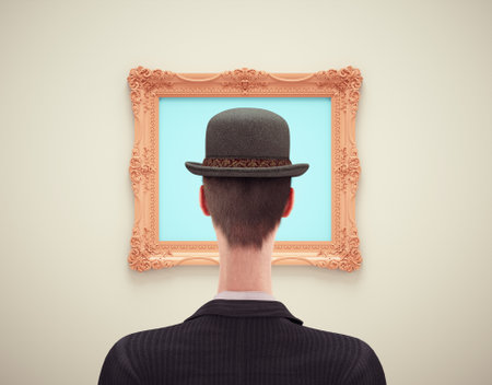 Human head in front of an empty painting. Vision and creativity concept . This is a 3d render illustrationの写真素材