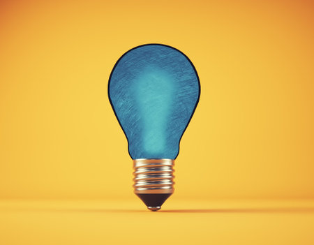 Conceptual blue bulb on yellow background. Originality, insight, and transformation. This is a 3d render illustration.の写真素材
