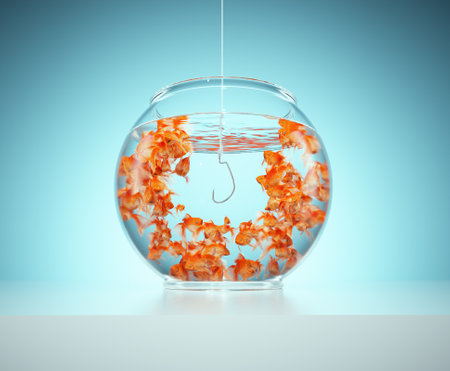 Lots of goldfish  looking at a fishing hook.  This is a 3d render illustrationの写真素材