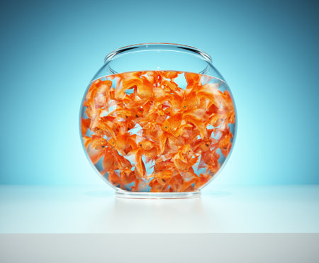 Lots of goldfish in bowl on blue background. The concept of captivity. This is a 3d render illustrationの写真素材