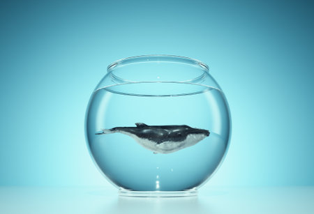 Whale inside a fish bowl . Mindset and behaviour change concept. This is a 3d render illustrationの写真素材