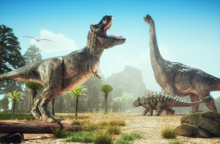 Dinosaurs in the forest. This is a 3d render illustrationの写真素材
