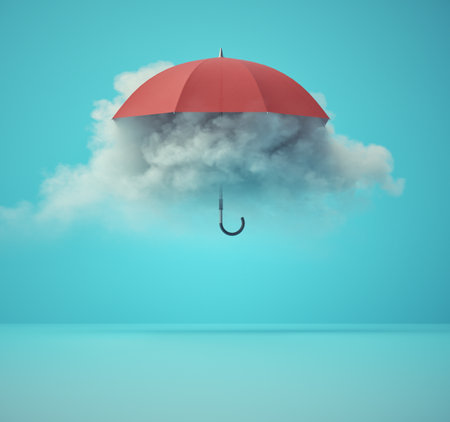 Surreal image with a red umbrella above a cloud. This is a 3d render illustration.の写真素材