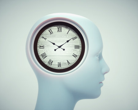 Human head with clock. Concept of circadian rhythm or time management. This is a 3d render illustrationの写真素材