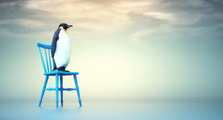 Penguin on the wooden chair. Searching and recruiting concept. This is a 3d render illustrationの写真素材