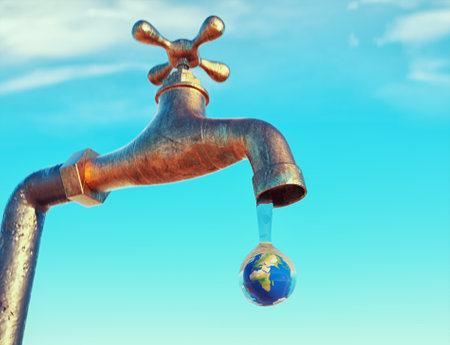 Chrome water tap with earth globe as drop on a blue background. This is a 3d render illustrationの写真素材