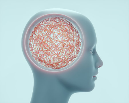 Human head profile made of lines and chaotic lines. Confusion and brainstorming concept. This is a 3d render illustrationの写真素材
