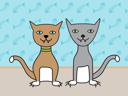 Two funny cats are sitting infront of a blue wall.のイラスト素材
