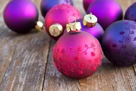 christmas tree balls on wooden table christmas decorationの写真素材