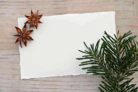 anis, fir branch and paper on wooden groundの写真素材