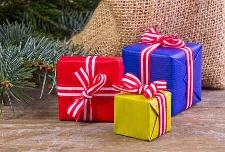 santa bag, presents with fir branchesの写真素材