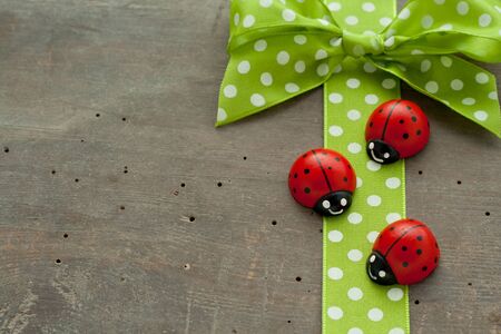 Dotted green loop and lady bugs on wooden groundの写真素材