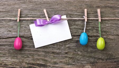 Easter eggs, loop and card with close spinsの写真素材