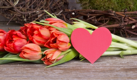 red tulips and red heartの写真素材