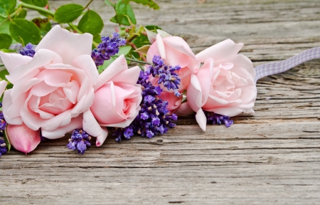 pink roses and lavender on wooden groundの写真素材