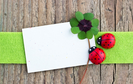 Leafed clover, ladybugs and card on wooden boardの写真素材