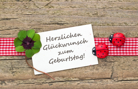 Birthday card with leafed clover and ladybugsの写真素材