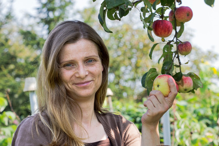 A woman picking a apple from the tree