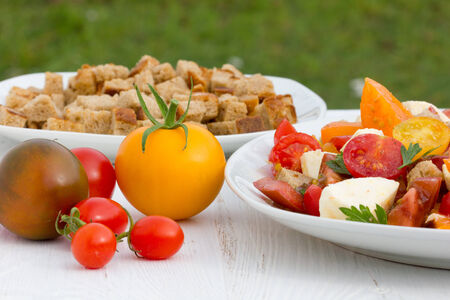 tomato salad with croutons and mozzarellaの写真素材