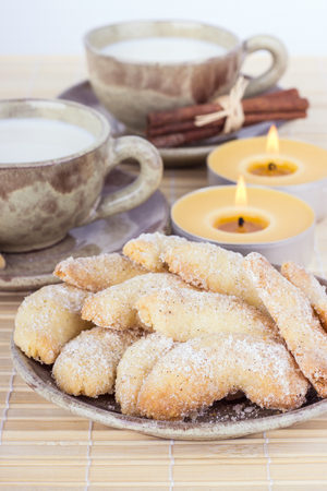 vanilla crescents and cup of milkの写真素材