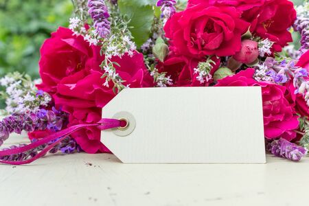 Bouquet with red roses, say, lavender and Cardの写真素材