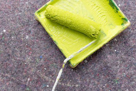 Paint roller and paint tray with light green colorの写真素材