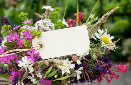 Colorful bouquet with meadow flowers and cardの写真素材