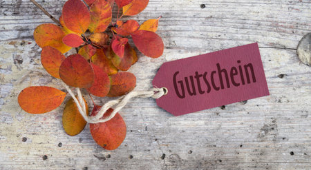 Label with german text: gift card and a branch with autumn leaves lies on a wooden boardの写真素材