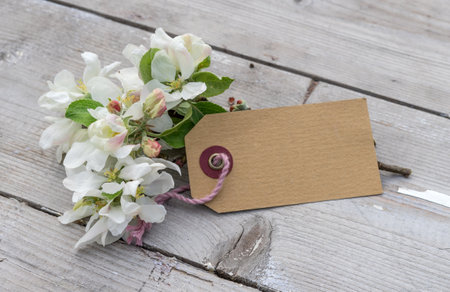 Apple blossom branches and card with copy space on a wooden background