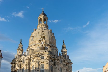 Dome of the baroque Dresden Frauenkirche in the evening lightの写真素材