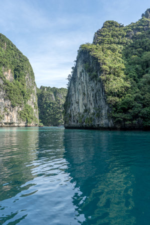 Rocky landscape in the water in Phang-Nga Bay in Thailandの写真素材