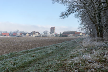 View of landscape village in the Altmark in Saxony-Anhalt in winterの写真素材