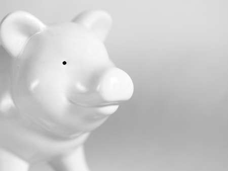 White piggy bank background on white.  Monotone image representing savings.の写真素材