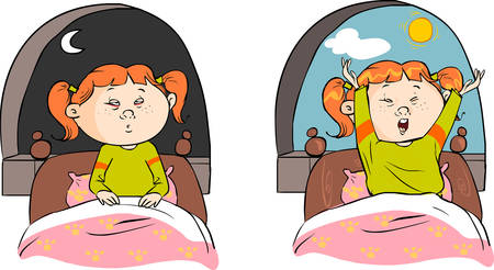 vector illustration of a girl sleeping and awakeningのイラスト素材