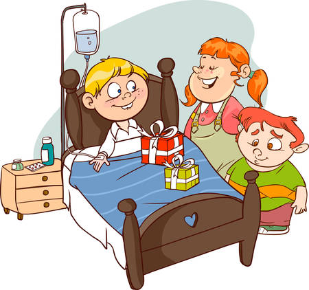 Friends visiting Sick Child in cartoon illustration.のイラスト素材