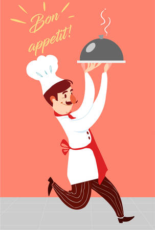 Caucasian chef in a cap and white uniform running. Young cheerful chef holding a cloche.のイラスト素材