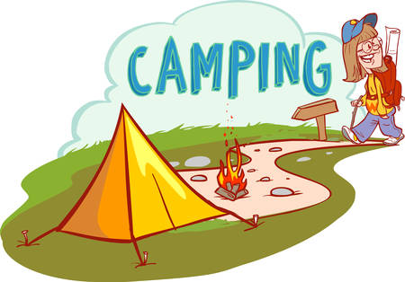 Summer camping vector cartoon illustration. Adventures, travel and ecotourism concept.のイラスト素材