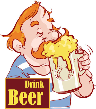 Happy man character drinks beer with mouth wide open stock illustrationのイラスト素材