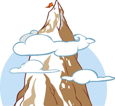 cartoon mountains and rocks with a red flag on peak, on the background the sky with clouds, vector illustrationのイラスト素材